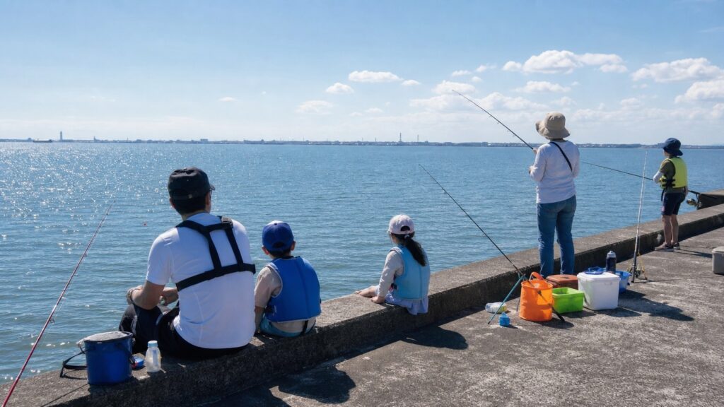 千葉の堤防で釣りを楽しむ初心者とファミリー