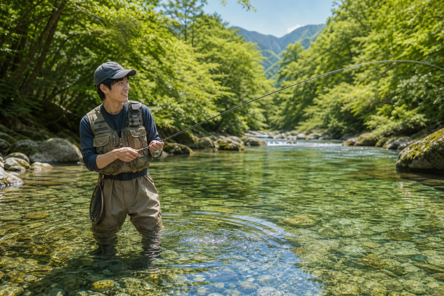 長野の清流で渓流釣りを楽しむ初心者アングラー